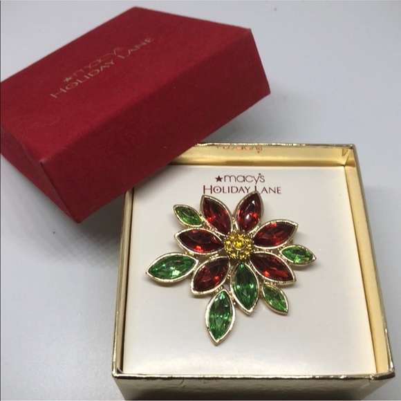 Red, green & gold winter holiday flower brooch - Picture 3 of 5